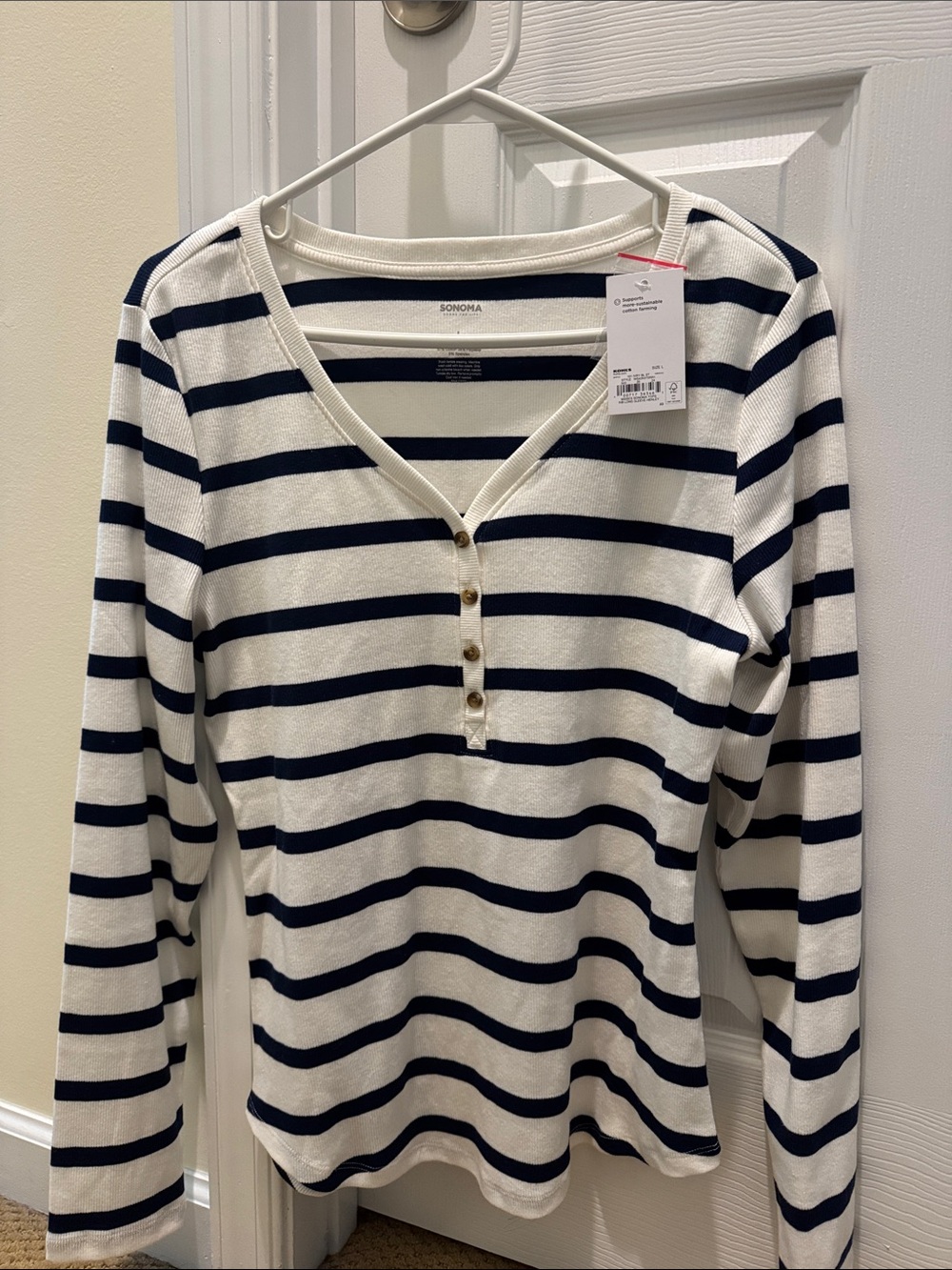 SONOMA Navy and White Striped Long-Sleeve Henley Top